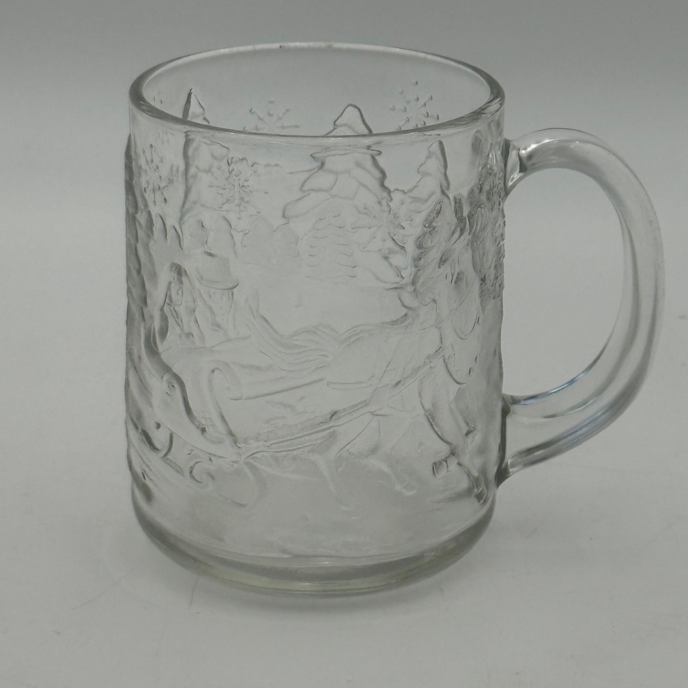 Vintage Clear Glass Embossed Horse Sleigh Winter Scene Christmas Mug USA Made